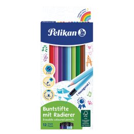 12 crayons de couleur Pelikan effaçables bout gomme corps hexagonal